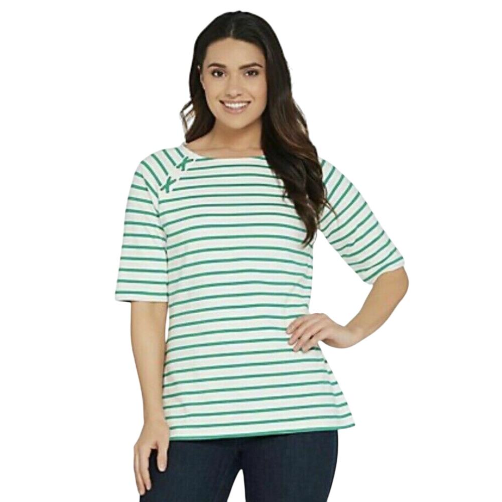 Denim & Co Womens Striped Top XXS White Green 1/2 Sleeve French Terry NWOT
